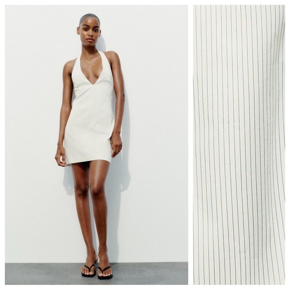 NWT. Zara White Cotton Blend Striped Short V-neck Halter Dress. Size XXL.